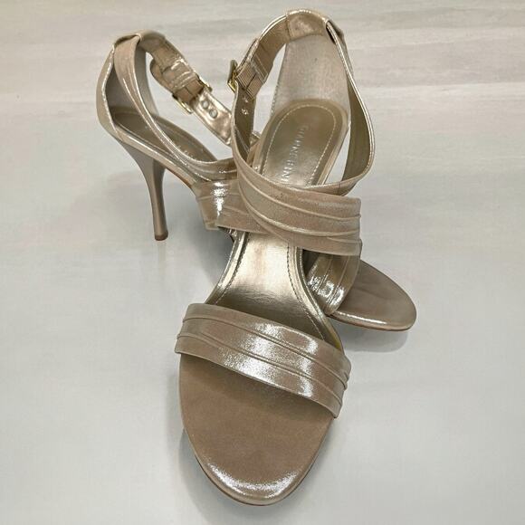 Gianni Bini Gold Strappy Heels Leather Made In Brazil Size 11M Shimmer Gold - Picture 1 of 12